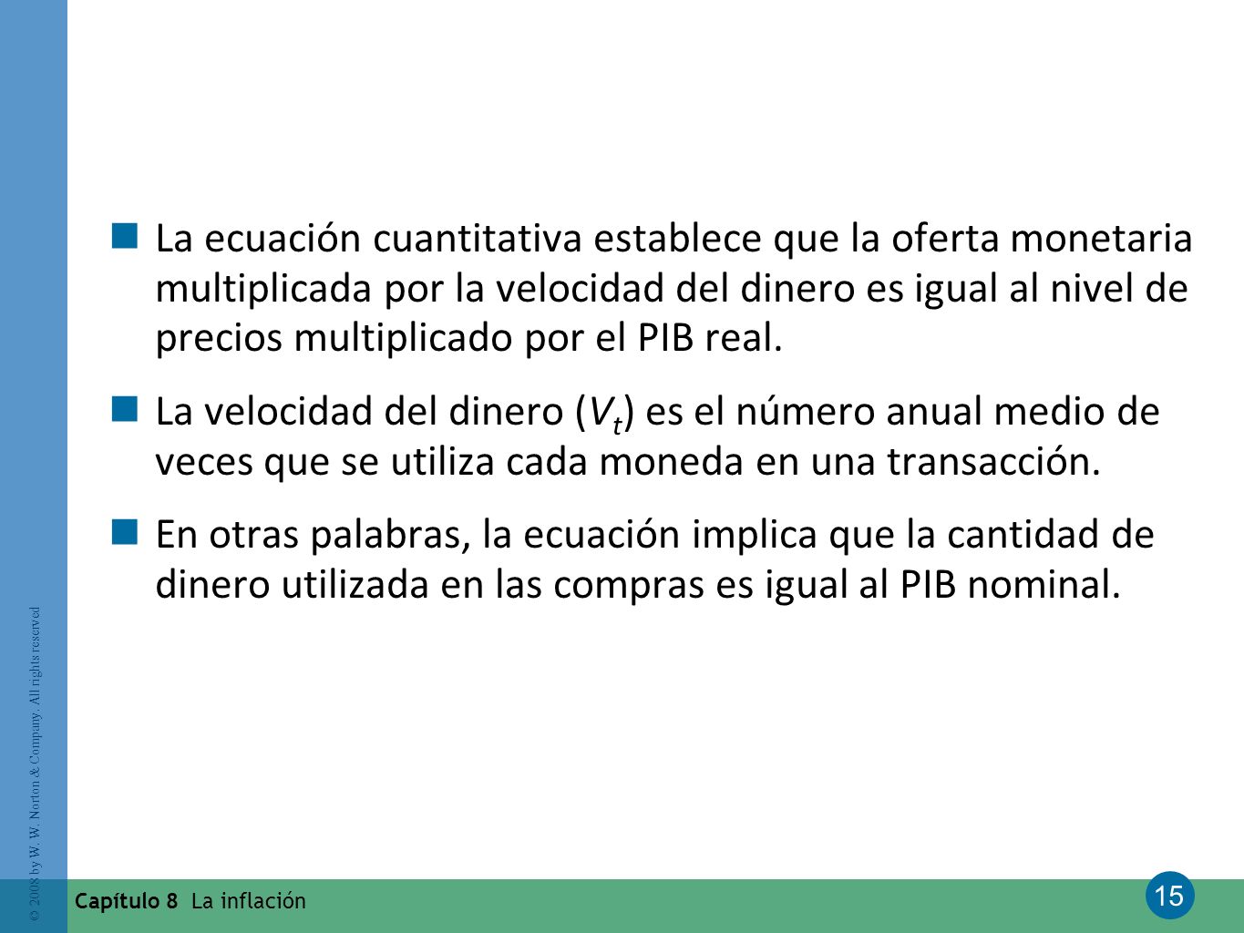 La ecuación cuantitativa establece que la oferta monetaria multiplicada por la velocidad del dinero es igual al nivel de precios multiplicado por el PIB real.