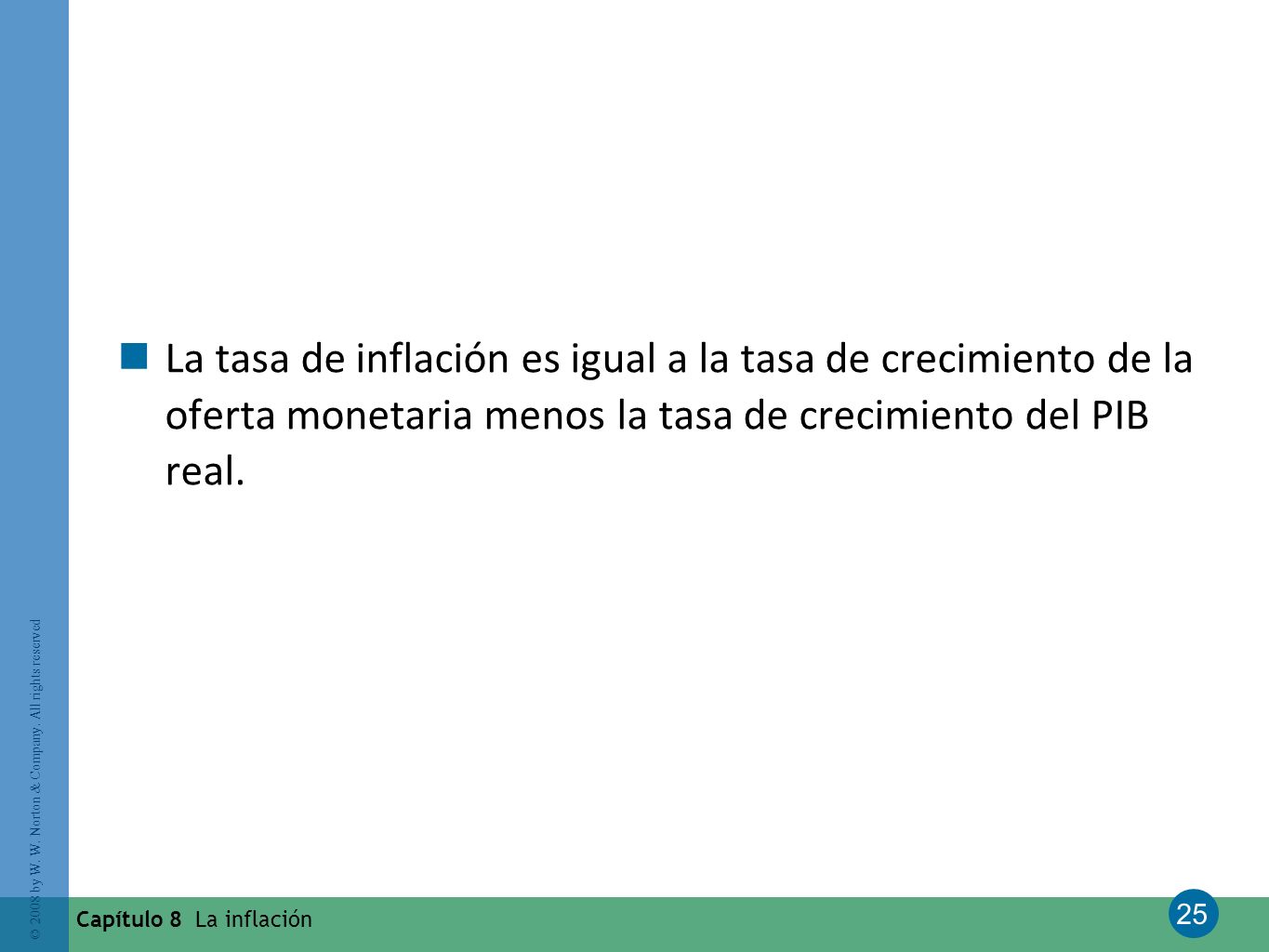La tasa de inflación es igual a la tasa de crecimiento de la oferta monetaria menos la tasa de crecimiento del PIB real.