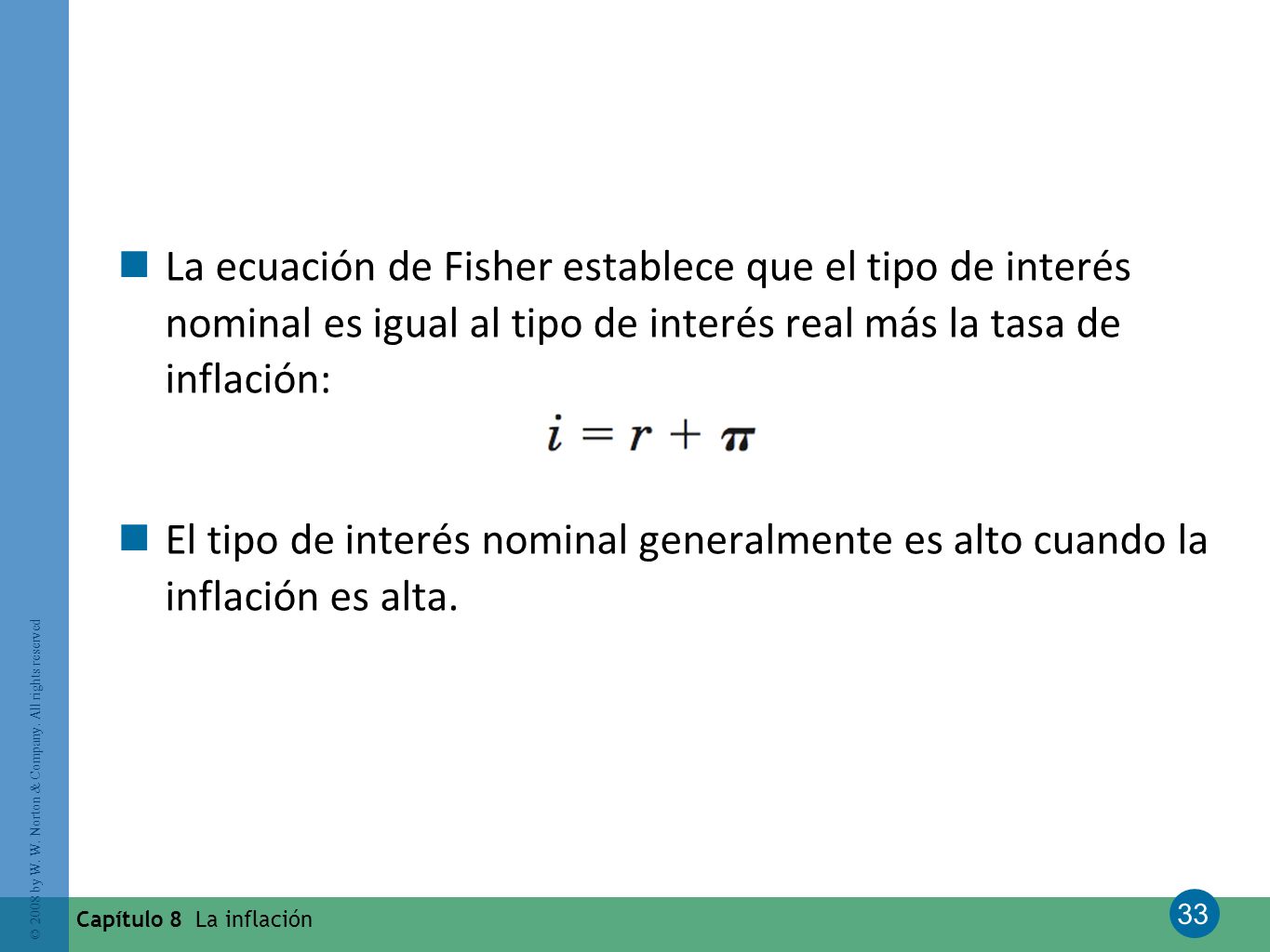 La ecuación de Fisher establece que el tipo de interés nominal es igual al tipo de interés real más la tasa de inflación: