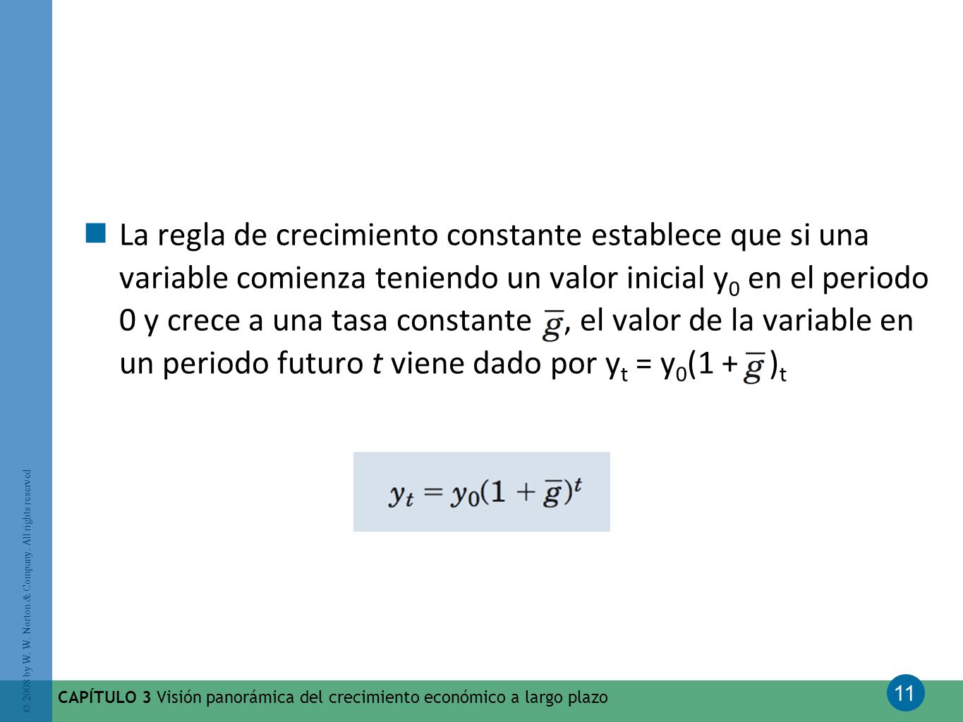 La regla de crecimiento constante establece que si una variable comienza teniendo un valor inicial y0 en el periodo 0 y crece a una tasa constante , el valor de la variable en un periodo futuro t viene dado por yt = y0(1 + )t