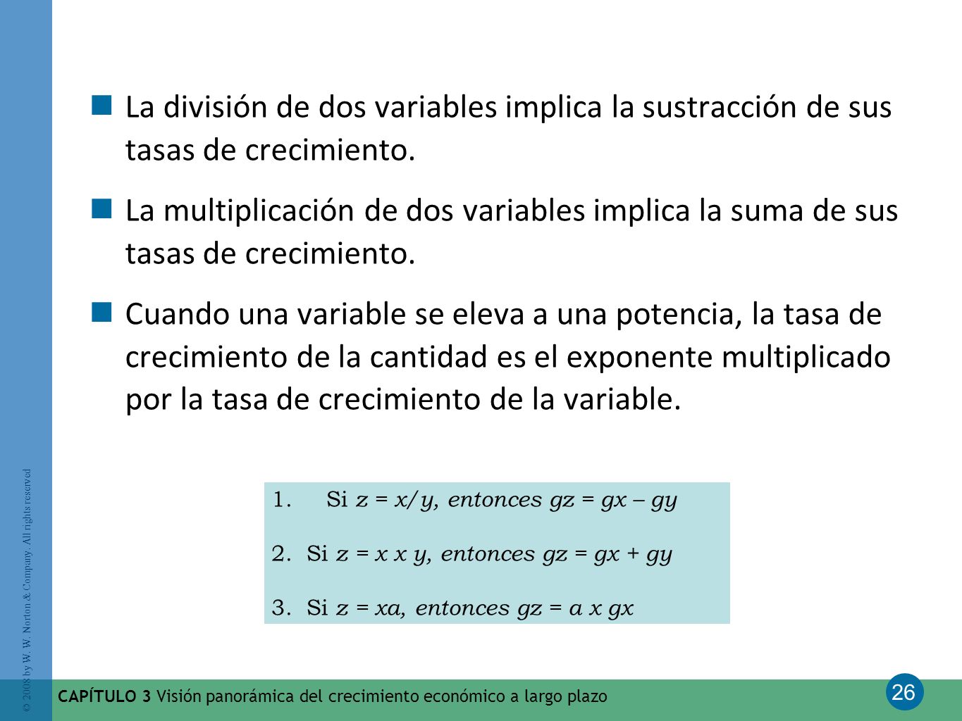 La división de dos variables implica la sustracción de sus tasas de crecimiento.