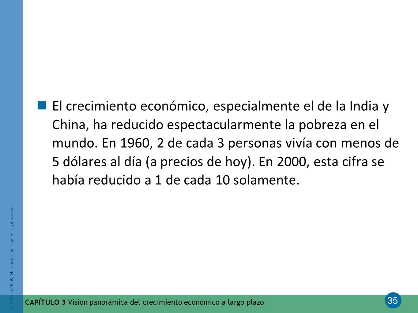 El crecimiento económico, especialmente el de la India y China, ha reducido espectacularmente la pobreza en el mundo. En 1960, 2 de cada 3 personas vivía con menos de 5 dólares al día (a precios de hoy). En 2000, esta cifra se había reducido a 1 de cada 10 solamente.