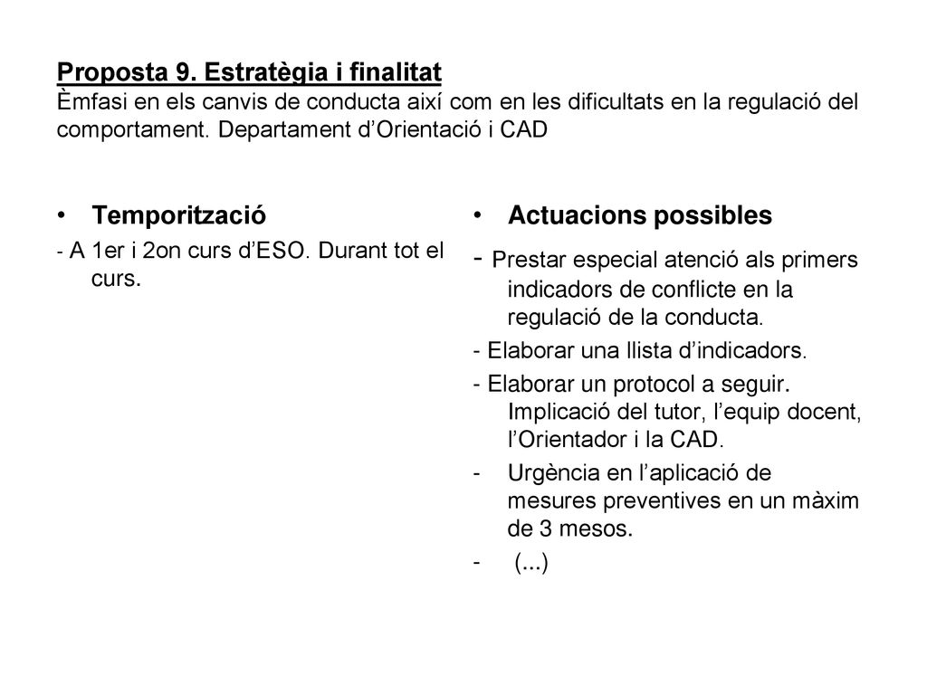 Proposta 9. Estratègia i finalitat Èmfasi en els canvis de conducta així com en les dificultats en la regulació del comportament. Departament d’Orientació i CAD