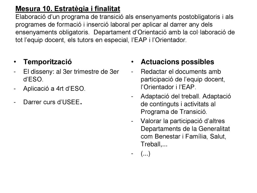 Mesura 10. Estratègia i finalitat Elaboració d’un programa de transició als ensenyaments postobligatoris i als programes de formació i inserció laboral per aplicar al darrer any dels ensenyaments obligatoris. Departament d’Orientació amb la col·laboració de tot l’equip docent, els tutors en especial, l’EAP i l’Orientador.