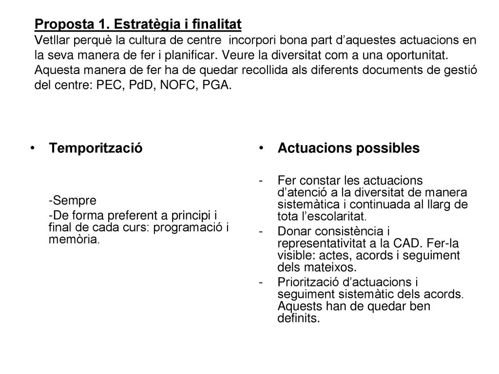 Proposta 1. Estratègia i finalitat Vetllar perquè la cultura de centre incorpori bona part d’aquestes actuacions en la seva manera de fer i planificar. Veure la diversitat com a una oportunitat. Aquesta manera de fer ha de quedar recollida als diferents documents de gestió del centre: PEC, PdD, NOFC, PGA.