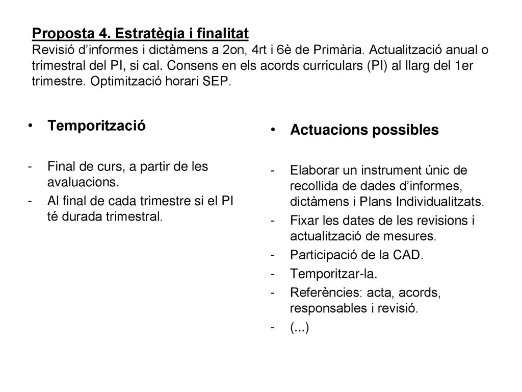 Proposta 4. Estratègia i finalitat Revisió d’informes i dictàmens a 2on, 4rt i 6è de Primària. Actualització anual o trimestral del PI, si cal. Consens en els acords curriculars (PI) al llarg del 1er trimestre. Optimització horari SEP.