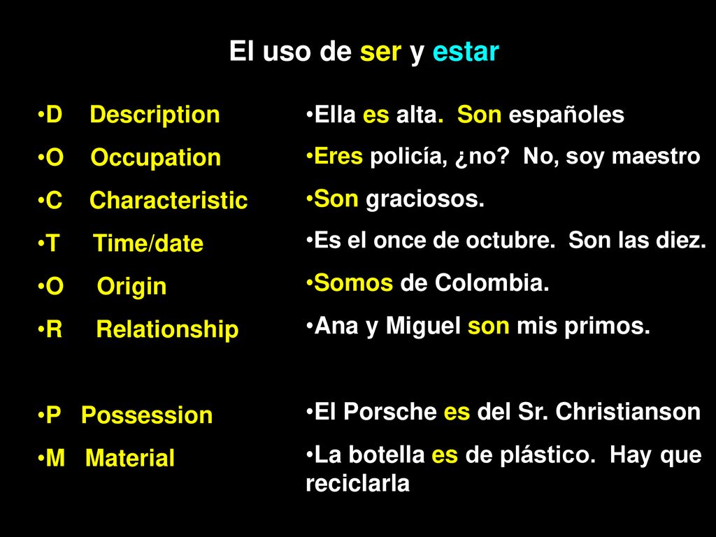 El uso de ser y estar D Description O Occupation C Characteristic