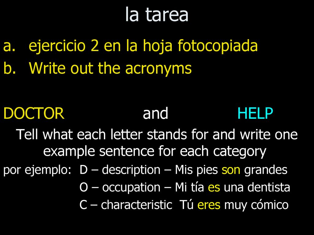 la tarea ejercicio 2 en la hoja fotocopiada Write out the acronyms