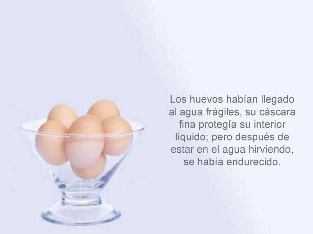 Los huevos habían llegado al agua frágiles, su cáscara fina protegía su interior líquido; pero después de estar en el agua hirviendo, se había endurecido.