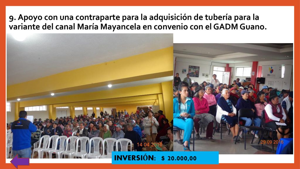 9. Apoyo con una contraparte para la adquisición de tubería para la variante del canal María Mayancela en convenio con el GADM Guano.
