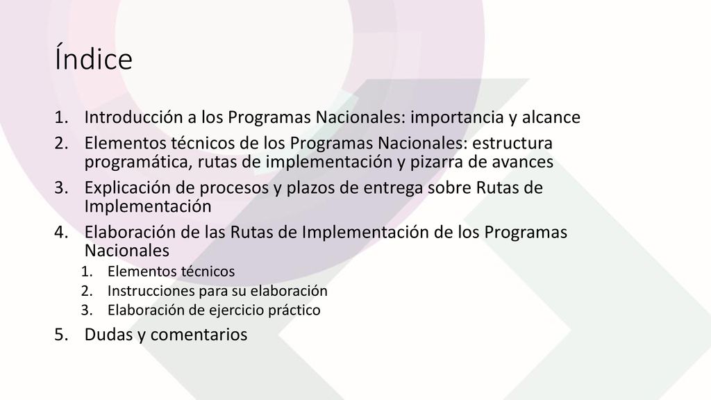 Índice Introducción a los Programas Nacionales: importancia y alcance