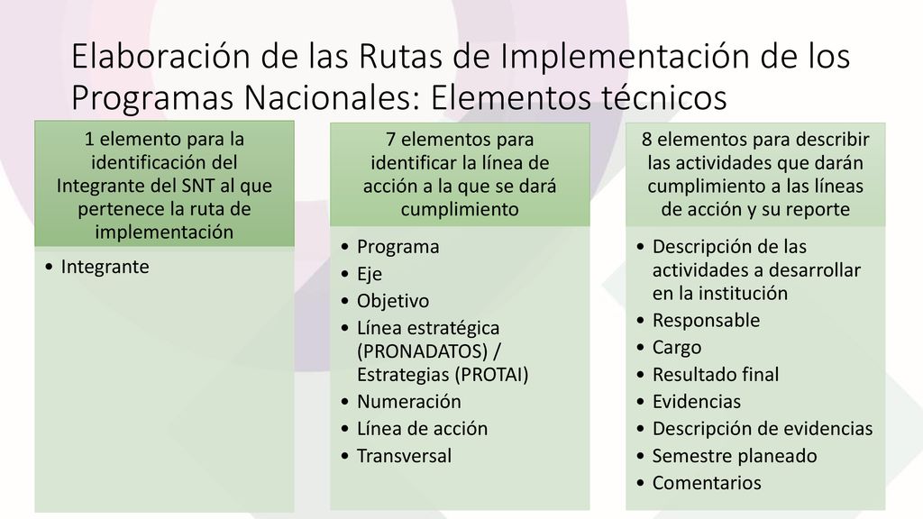 Elaboración de las Rutas de Implementación de los Programas Nacionales: Elementos técnicos