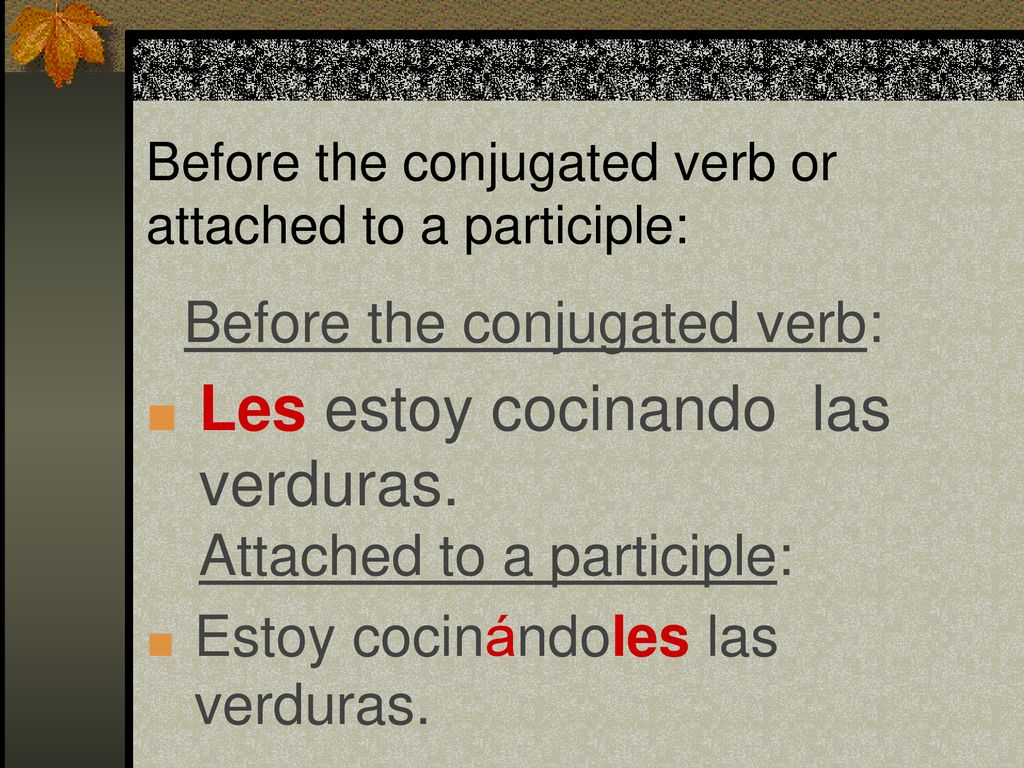 Before the conjugated verb or attached to a participle: