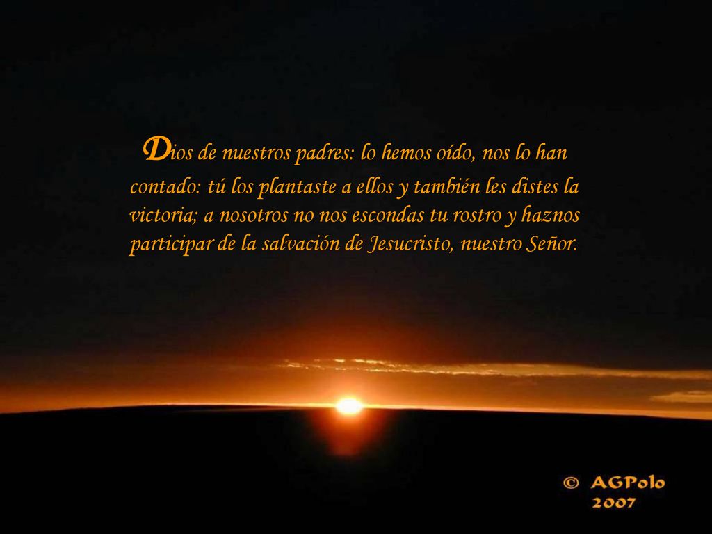 Dios de nuestros padres: lo hemos oído, nos lo han contado: tú los plantaste a ellos y también les distes la victoria; a nosotros no nos escondas tu rostro y haznos participar de la salvación de Jesucristo, nuestro Señor.