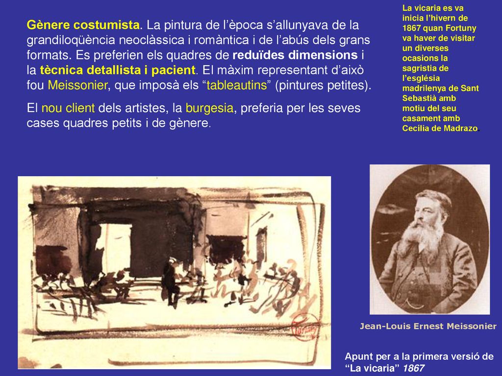 La vicaria es va inicia l’hivern de 1867 quan Fortuny va haver de visitar un diverses ocasions la sagristia de l’església madrilenya de Sant Sebastià amb motiu del seu casament amb Cecília de Madrazo.