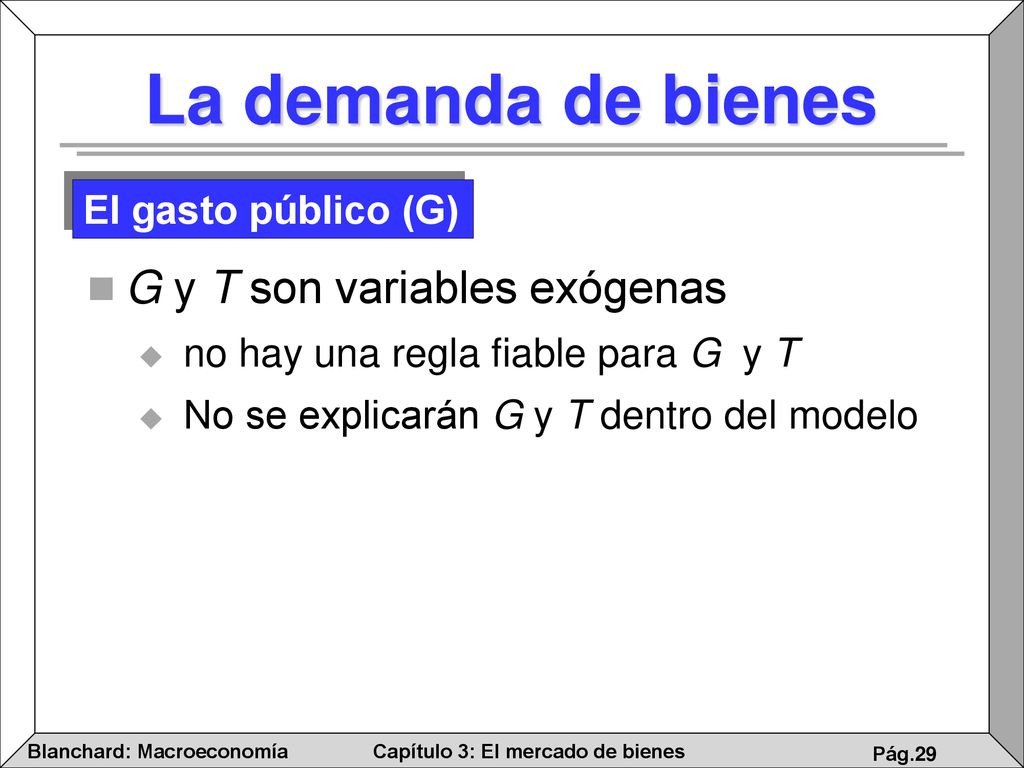 La demanda de bienes G y T son variables exógenas El gasto público (G)