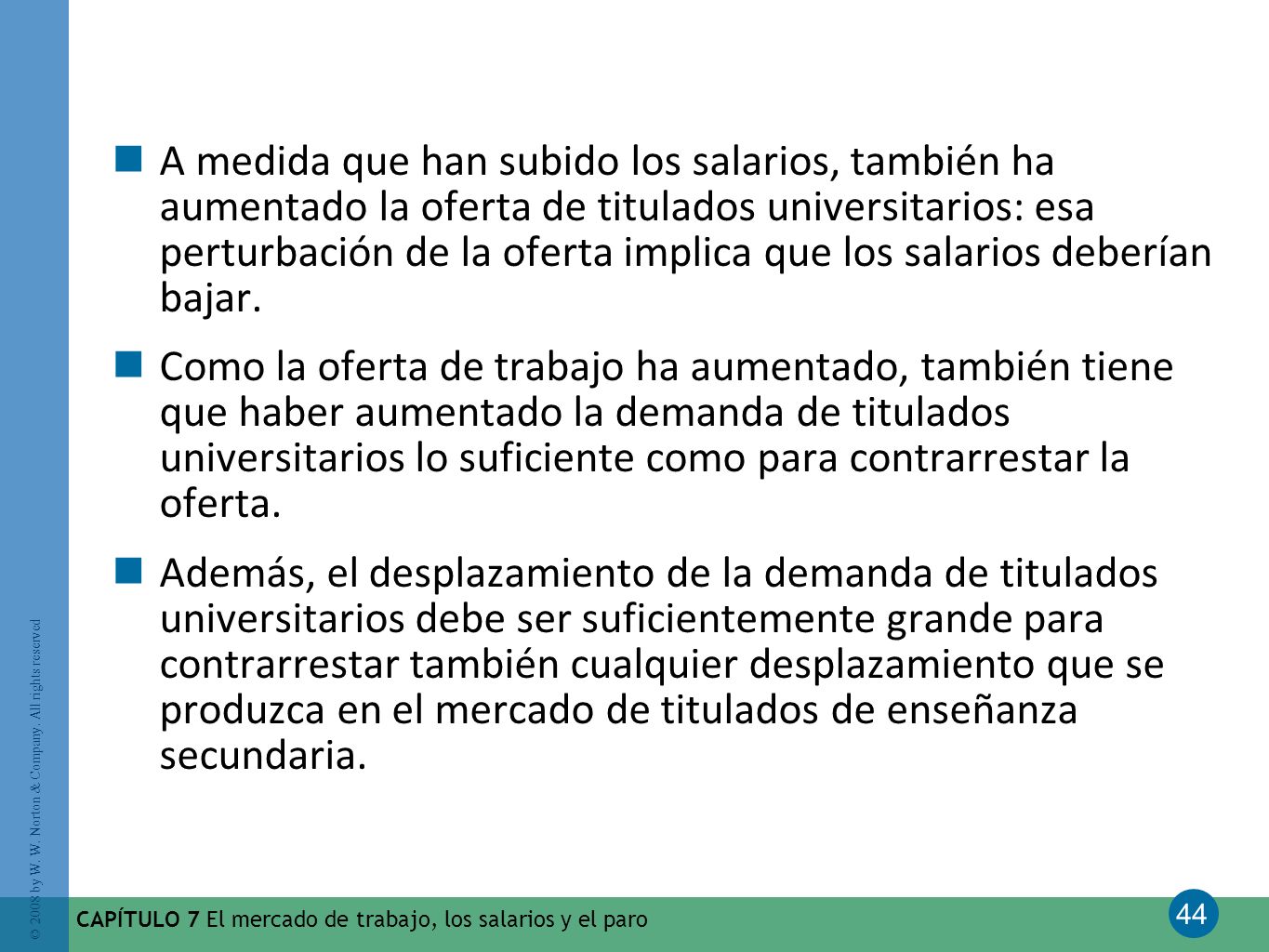 A medida que han subido los salarios, también ha aumentado la oferta de titulados universitarios: esa perturbación de la oferta implica que los salarios deberían bajar.