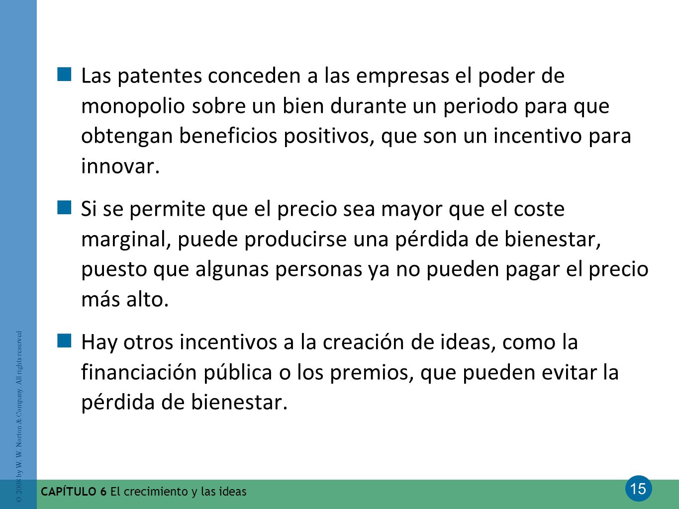 Las patentes conceden a las empresas el poder de monopolio sobre un bien durante un periodo para que obtengan beneficios positivos, que son un incentivo para innovar.