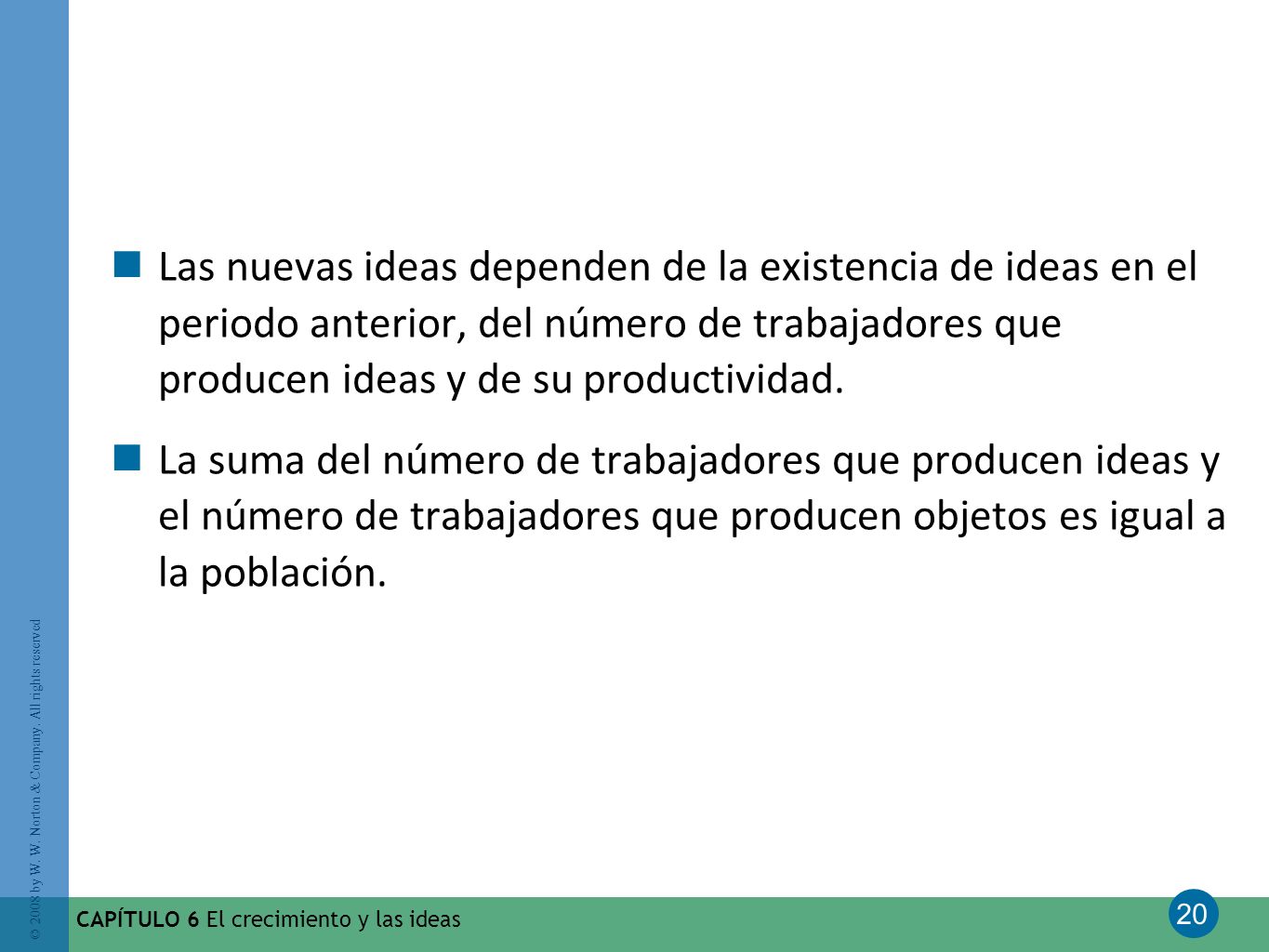 Las nuevas ideas dependen de la existencia de ideas en el periodo anterior, del número de trabajadores que producen ideas y de su productividad.