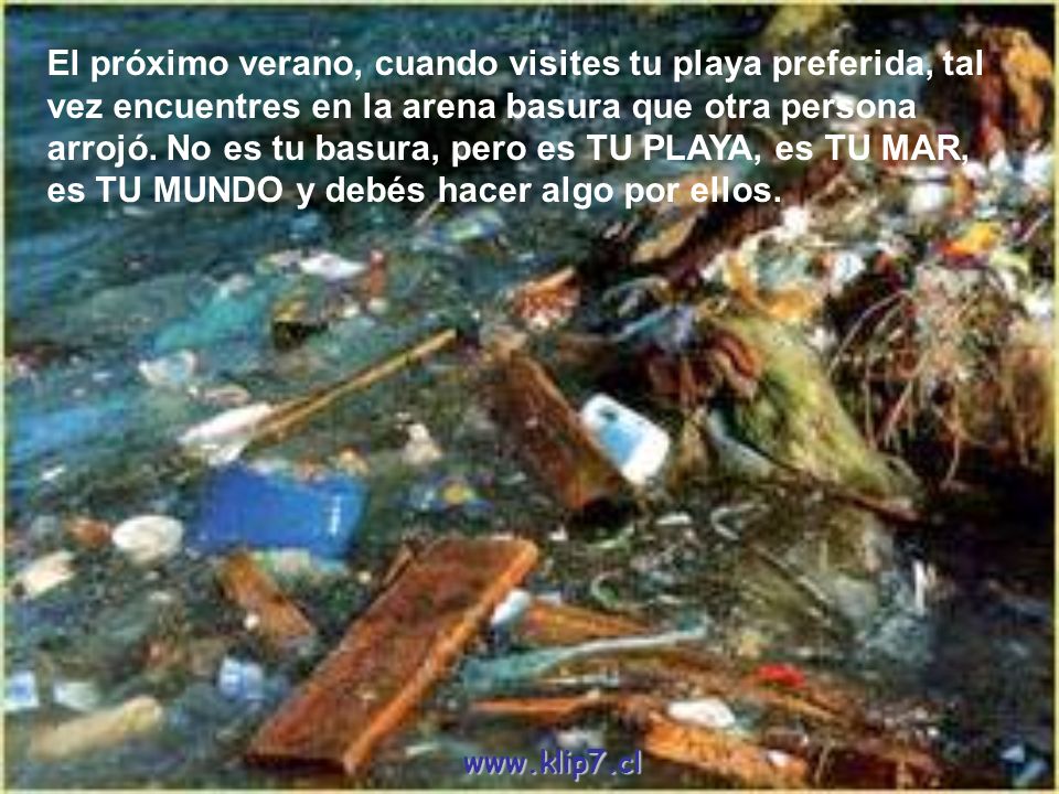 El próximo verano, cuando visites tu playa preferida, tal vez encuentres en la arena basura que otra persona arrojó. No es tu basura, pero es TU PLAYA, es TU MAR, es TU MUNDO y debés hacer algo por ellos.