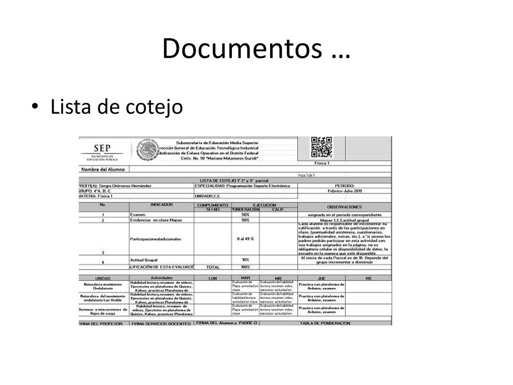 Documentos … Lista de cotejo