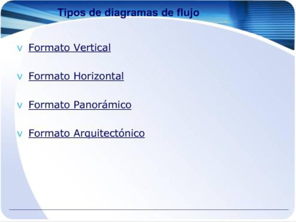 Tipos de diagramas de flujo Formato VerticalFormato HorizontalFormato PanorámicoFormato Arquitectónico