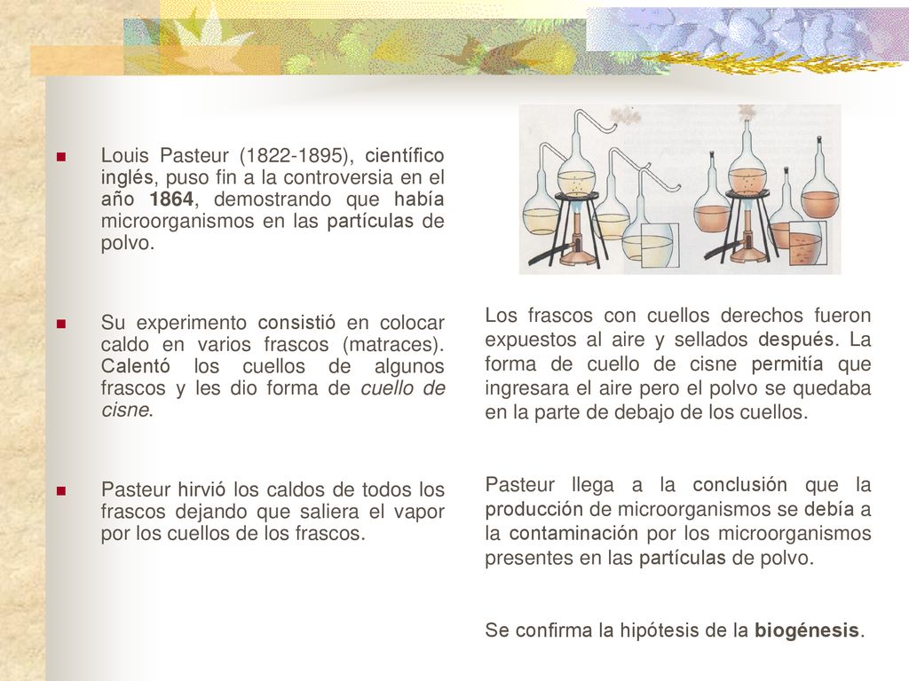 Louis Pasteur ( ), científico inglés, puso fin a la controversia en el año 1864, demostrando que había microorganismos en las partículas de polvo.
