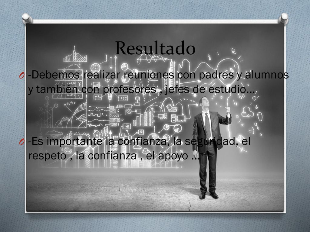 Resultado -Debemos realizar reuniones con padres y alumnos y también con profesores , jefes de estudio...