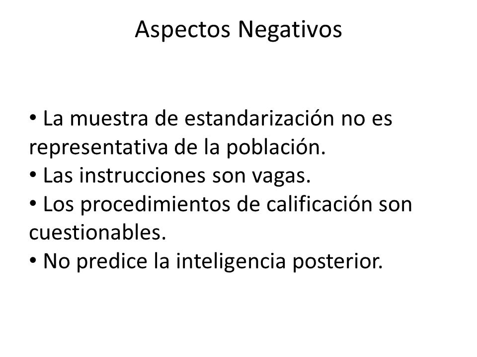 Aspectos Negativos La muestra de estandarización no es representativa de la población. Las instrucciones son vagas.