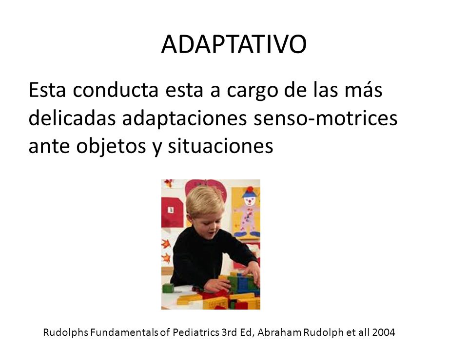 ADAPTATIVO Esta conducta esta a cargo de las más delicadas adaptaciones senso-motrices ante objetos y situaciones.