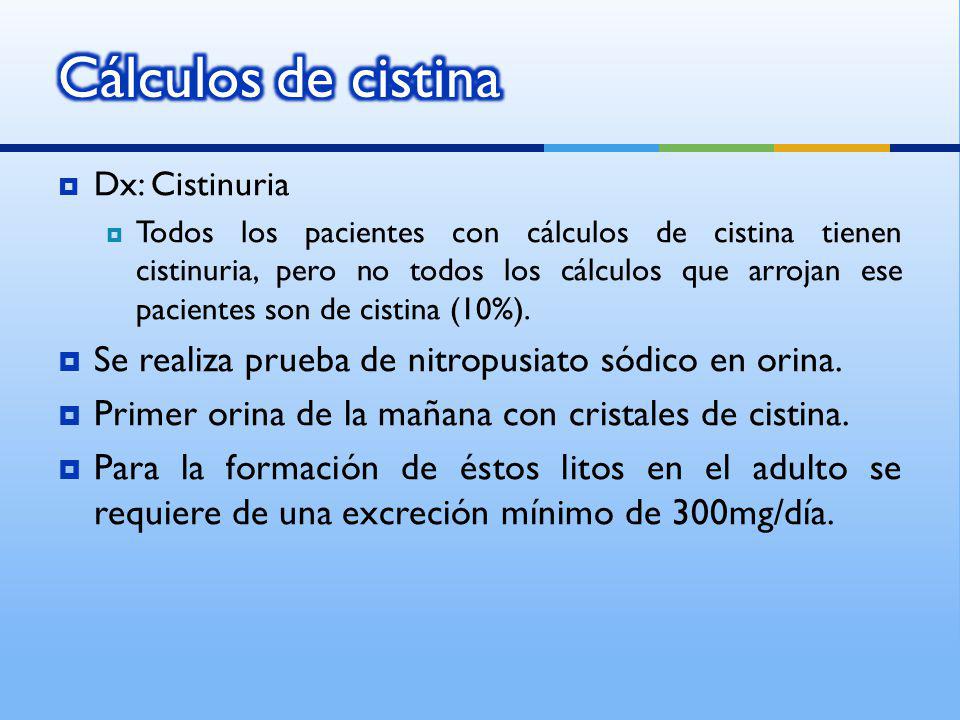 Cálculos de cistina Se realiza prueba de nitropusiato sódico en orina.