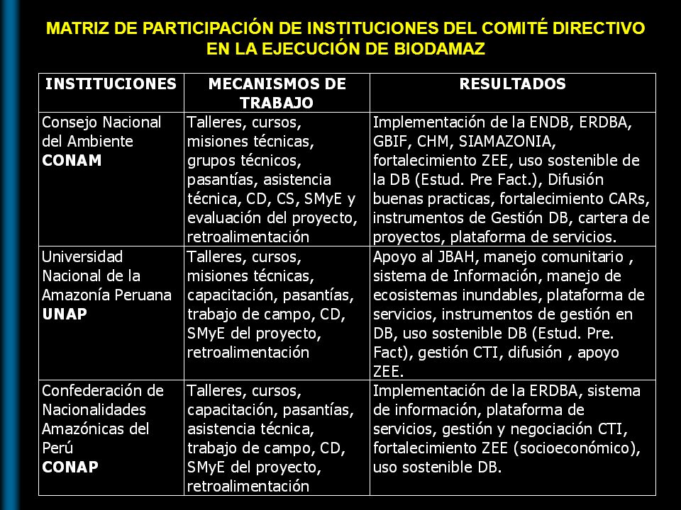 MATRIZ DE PARTICIPACIÓN DE INSTITUCIONES DEL COMITÉ DIRECTIVO EN LA EJECUCIÓN DE BIODAMAZ