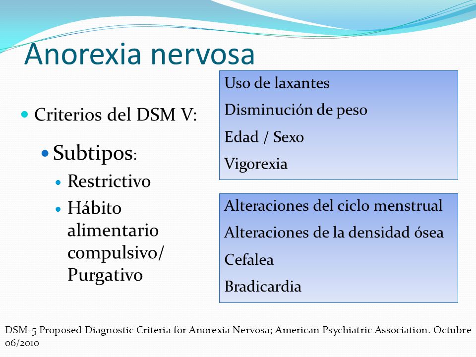 Anorexia nervosa Subtipos: Criterios del DSM V: Restrictivo