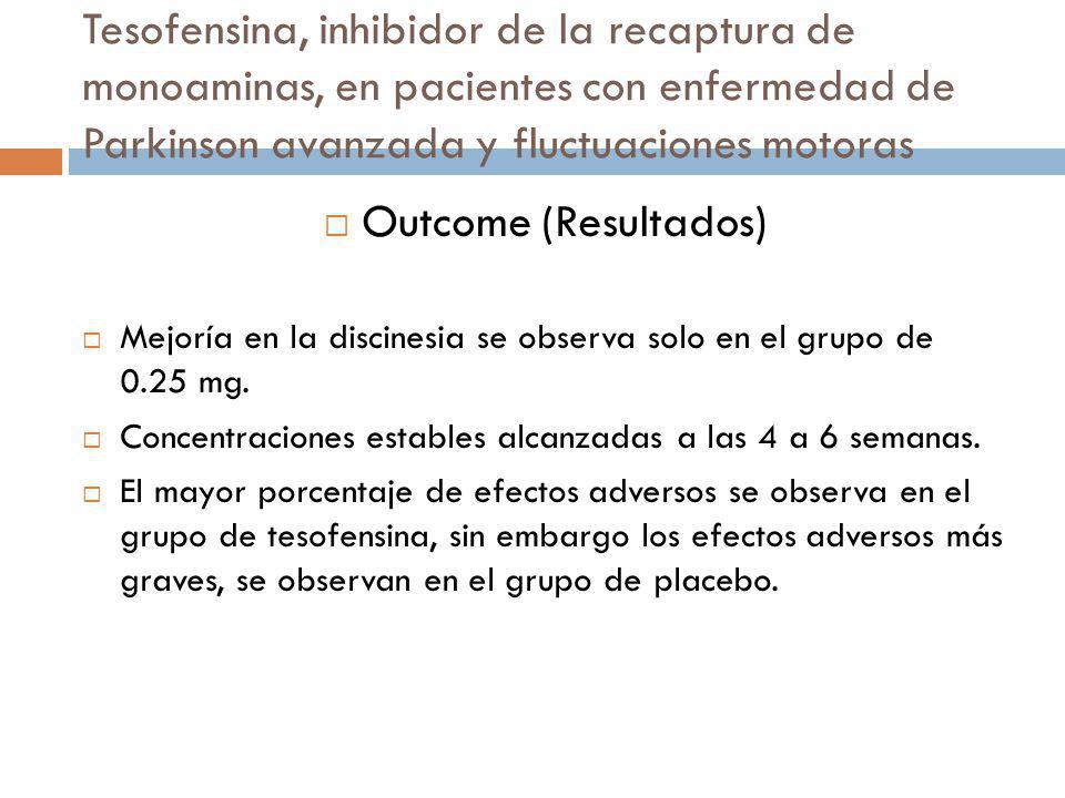 Tesofensina, inhibidor de la recaptura de monoaminas, en pacientes con enfermedad de Parkinson avanzada y fluctuaciones motoras