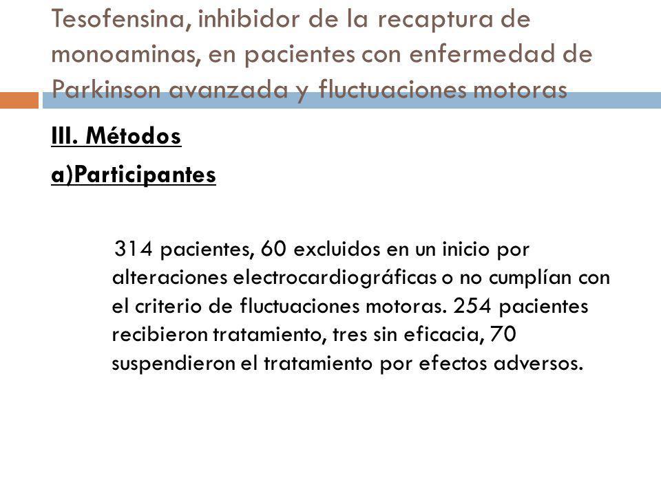 Tesofensina, inhibidor de la recaptura de monoaminas, en pacientes con enfermedad de Parkinson avanzada y fluctuaciones motoras