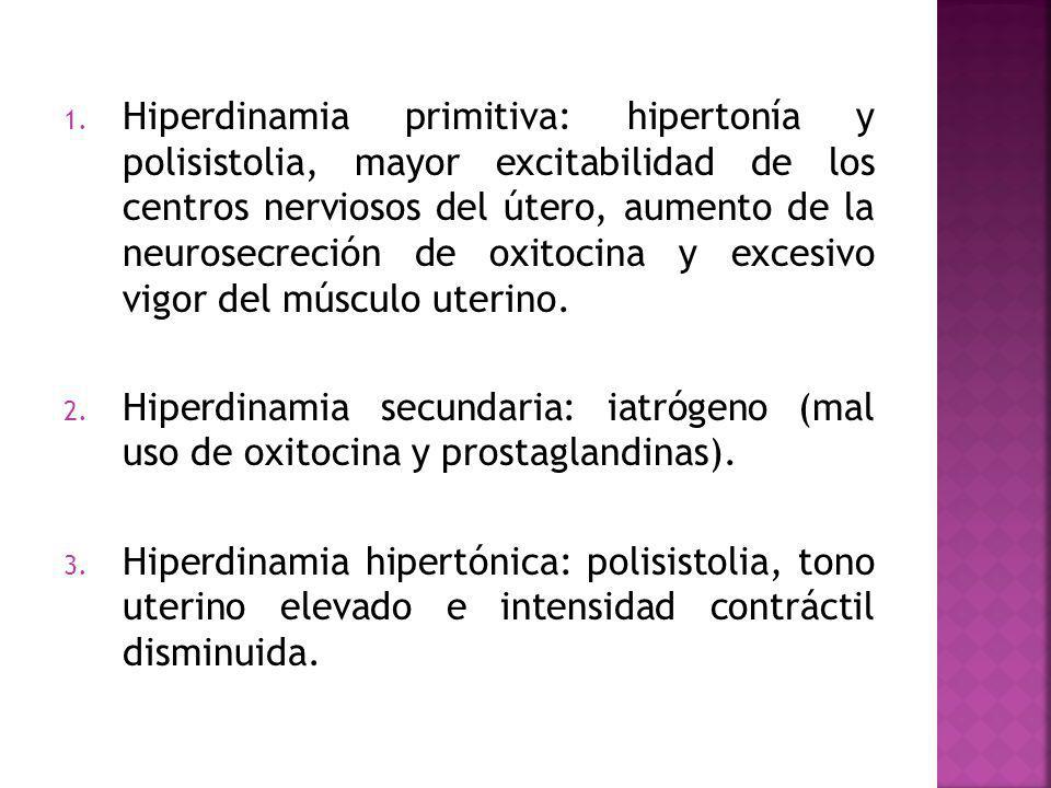Hiperdinamia primitiva: hipertonía y polisistolia, mayor excitabilidad de los centros nerviosos del útero, aumento de la neurosecreción de oxitocina y excesivo vigor del músculo uterino.