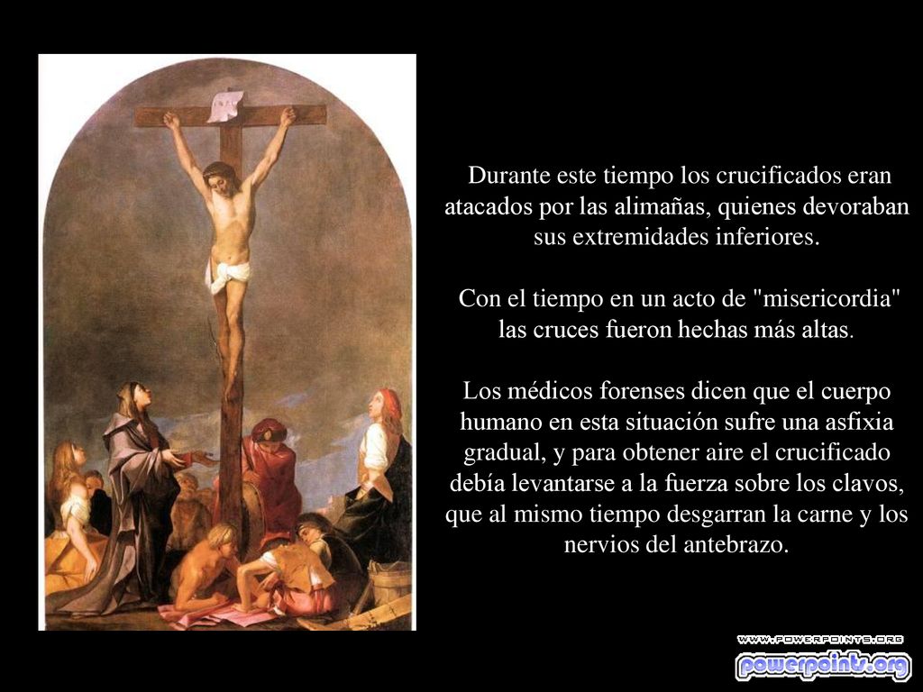 Durante este tiempo los crucificados eran atacados por las alimañas, quienes devoraban sus extremidades inferiores.
