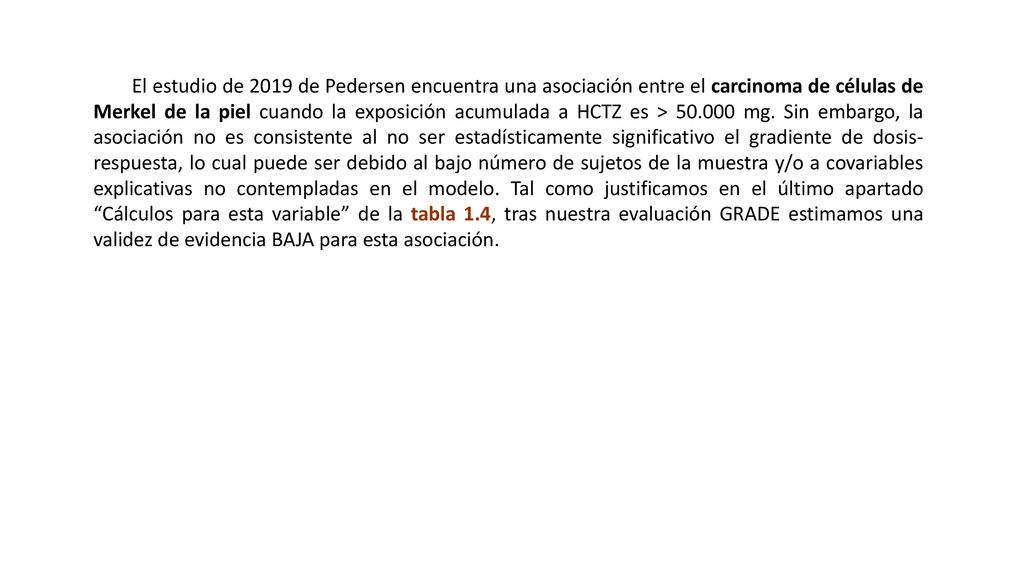 El estudio de 2019 de Pedersen encuentra una asociación entre el carcinoma de células de Merkel de la piel cuando la exposición acumulada a HCTZ es > mg.