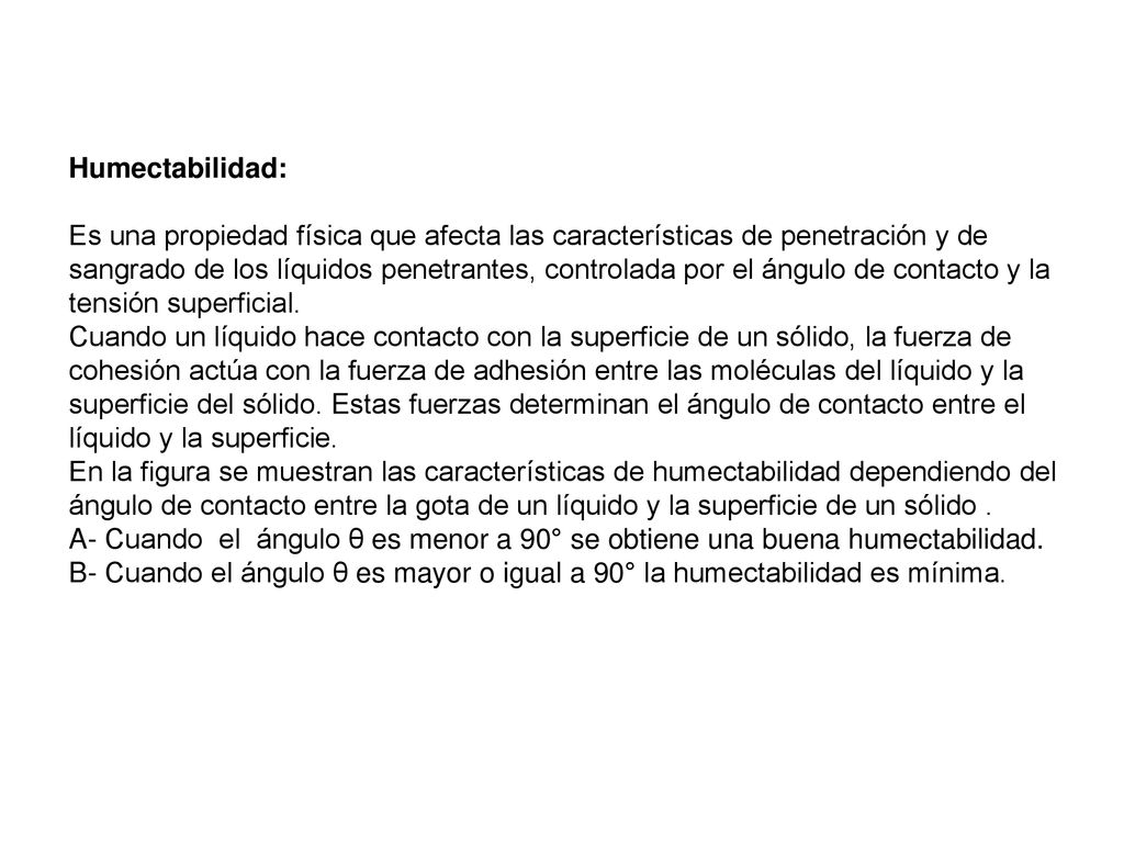 Humectabilidad: Es una propiedad física que afecta las características de penetración y de sangrado de los líquidos penetrantes, controlada por el ángulo de contacto y la tensión superficial.