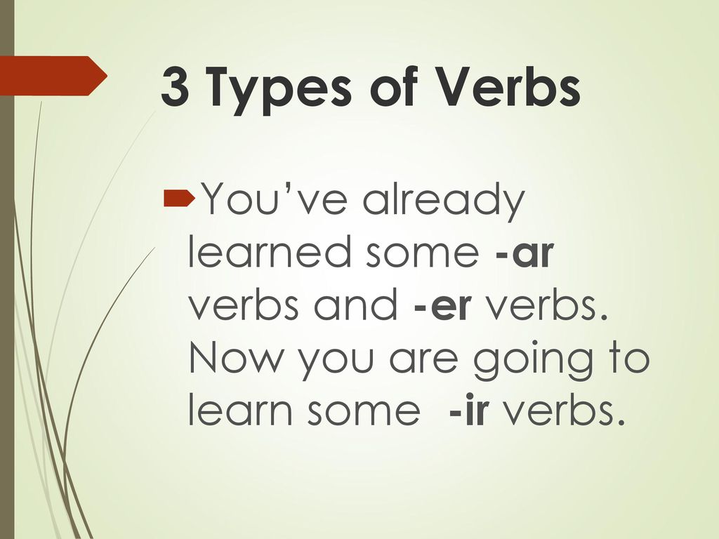3 Types of Verbs You’ve already learned some -ar verbs and -er verbs.