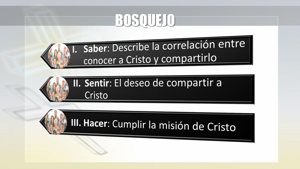 BOSQUEJO I. Saber: Describe la correlación entre conocer a Cristo y compartirlo. II. Sentir: El deseo de compartir a Cristo.
