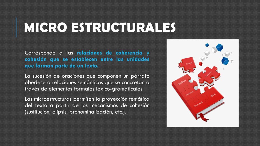 Micro estructurales Corresponde a las relaciones de coherencia y cohesión que se establecen entre las unidades que forman parte de un texto.