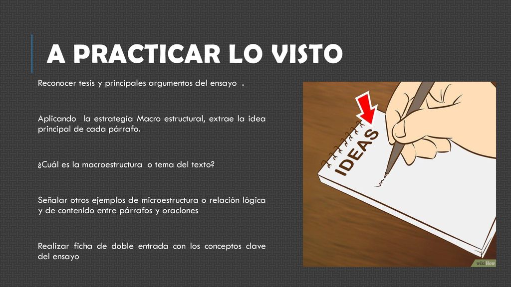 A practicar lo visto Reconocer tesis y principales argumentos del ensayo .