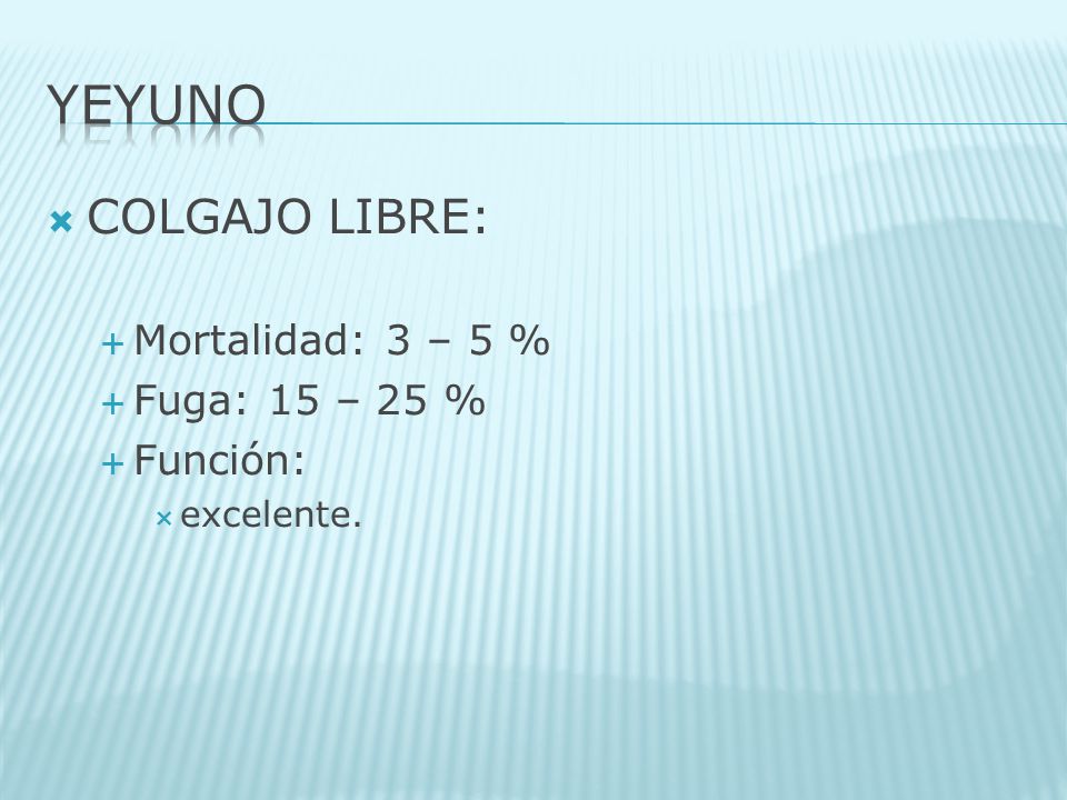 YEYUNO COLGAJO LIBRE: Mortalidad: 3 – 5 % Fuga: 15 – 25 % Función: