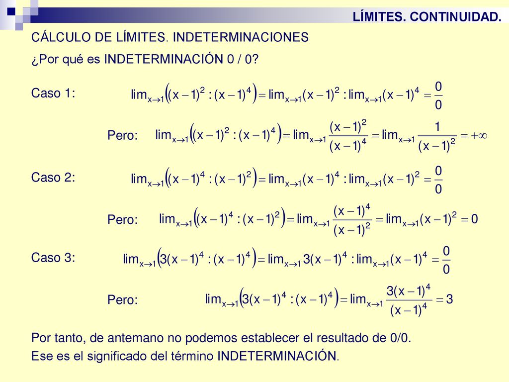 LÍMITES. CONTINUIDAD. CÁLCULO DE LÍMITES. INDETERMINACIONES. ¿Por qué es INDETERMINACIÓN 0 / 0 Caso 1: