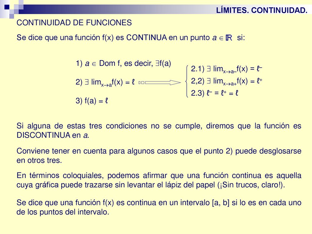 LÍMITES. CONTINUIDAD. CONTINUIDAD DE FUNCIONES. Se dice que una función f(x) es CONTINUA en un punto a  si: