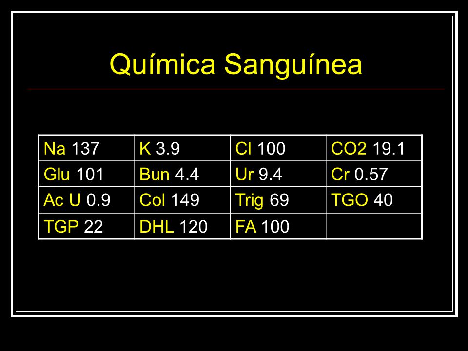 Química Sanguínea Na 137 K 3.9 Cl 100 CO Glu 101 Bun 4.4 Ur 9.4