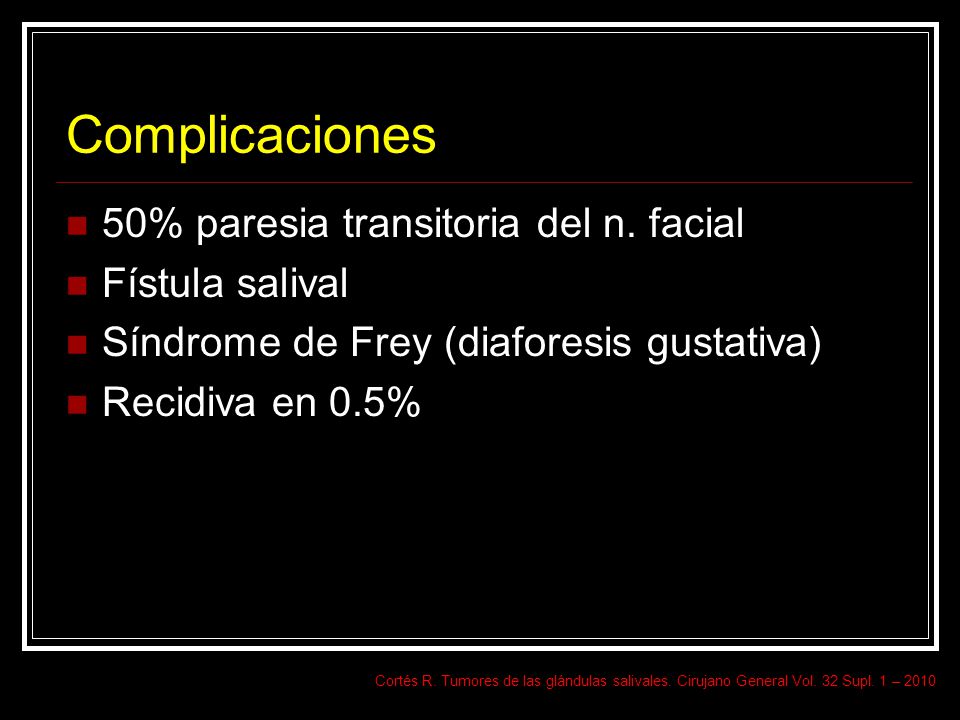 Complicaciones 50% paresia transitoria del n. facial Fístula salival