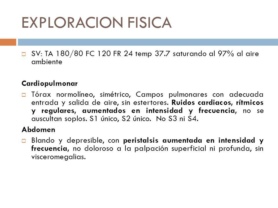 EXPLORACION FISICA SV: TA 180/80 FC 120 FR 24 temp 37.7 saturando al 97% al aire ambiente. Cardiopulmonar.