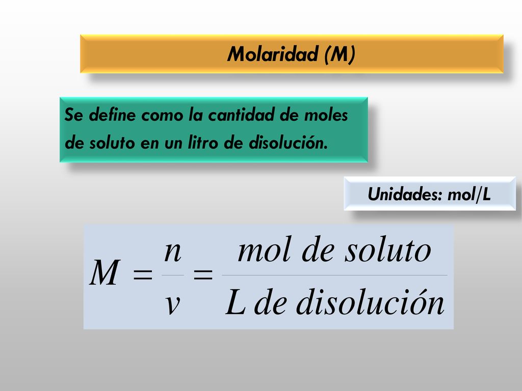 Molaridad (M) Se define como la cantidad de moles de soluto en un litro de disolución.